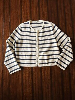 Abercrombie & Fitch Cream Navy Striped Gold Button Cardigan L